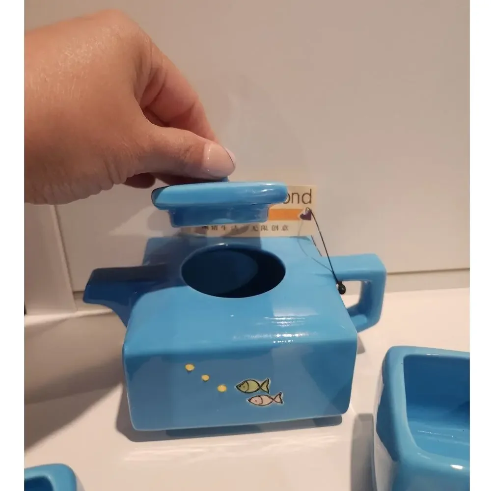 NWT square teapot and 4 cups blue with fish